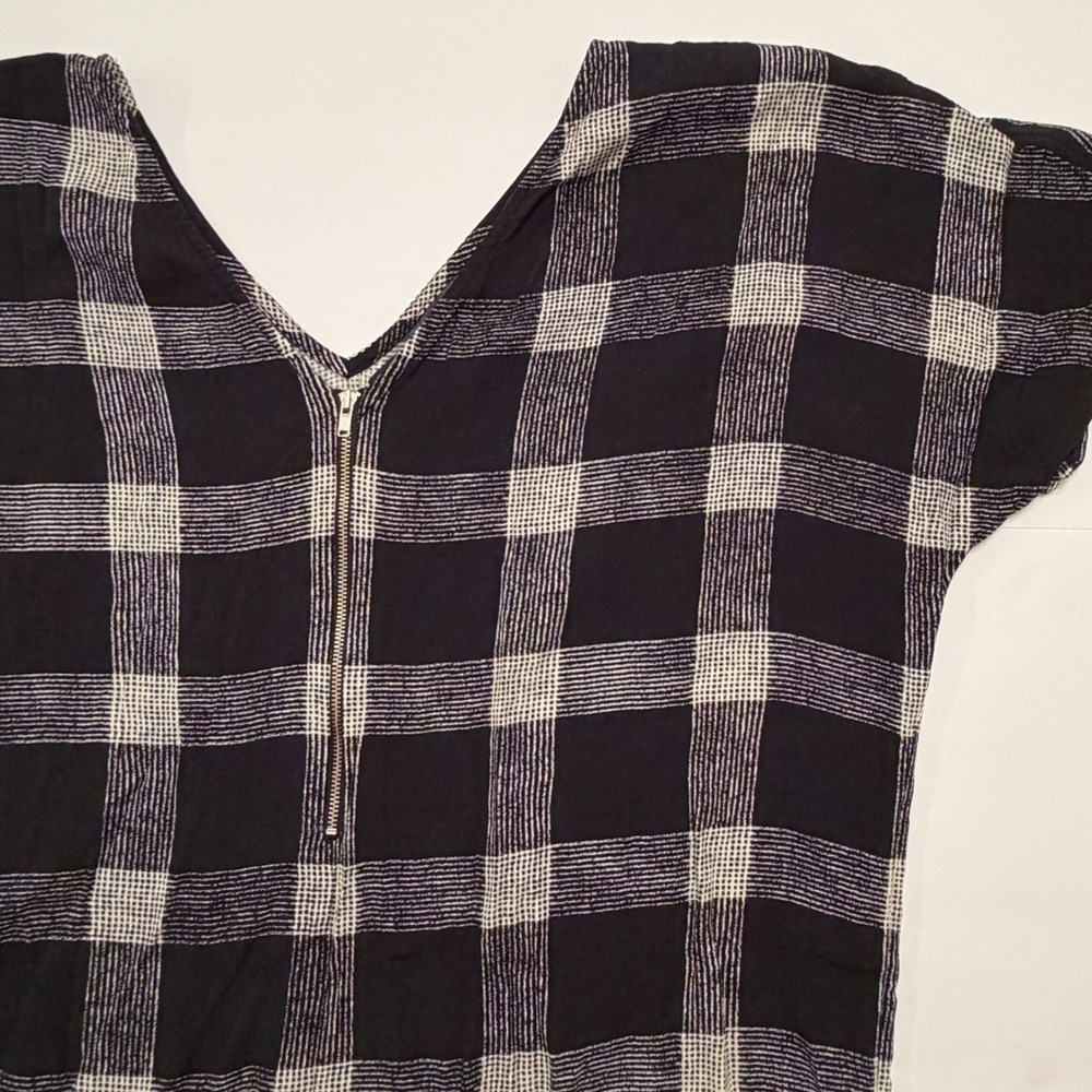 Madewell Black White Plaid Windowpane Buffalo Half Zip VNeck Viscose Dress Large